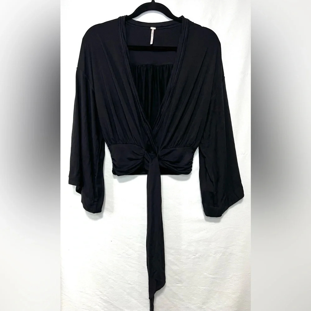 Free People That's a Wrap Black Bell Sleeve Crop Top Waist Tie Boho Trendy Chic